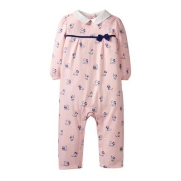 Janie and Jack Baby Girl Pink Cat Print Long Sleeve Romper With Navy Bow 3-6 Mon - Picture 1 of 7